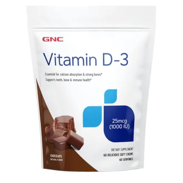 GNC Vitamin Soft Chews D-3 1000 IU, Vitamina D-3 1000 UI Naturala 100% din Lanolina, cu Aroma de Ciocolata, 60 Caramele