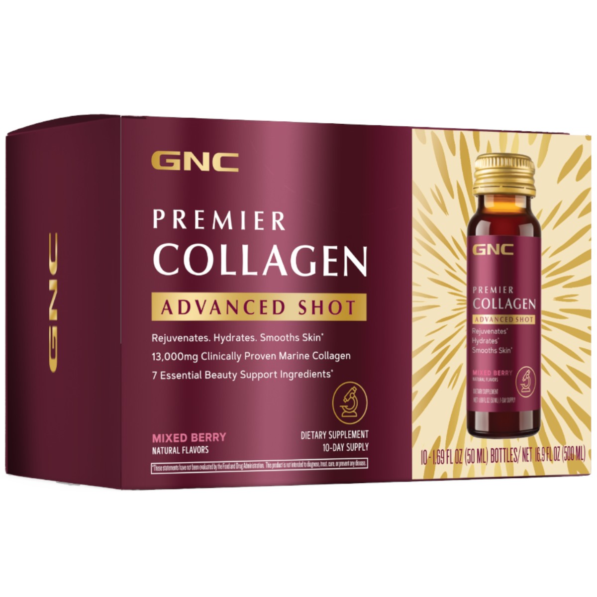 GNC Premier Collagen Advanced Shot, Formula Premium de Peptide de Colagen Hidrolizat Marin Lichid cu Aroma de Fructe de Padure, 10 x 50 ml