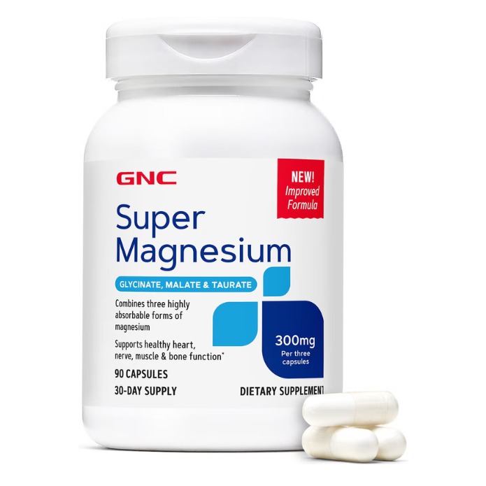 Malat si taurat pentru absorbtie superioara GNC Super Magneziu 300 Mg, Formula Avansata Cu Glicinat 90 cps