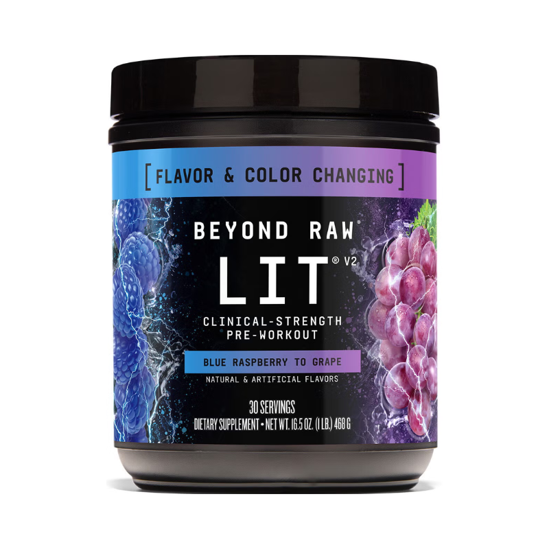 Pre-workout cu Aroma de Zmeura Albastra si Strugure Beyond Raw Lit V2 Pre-workout With Blue Raspberry To Grape Flavor 468 G