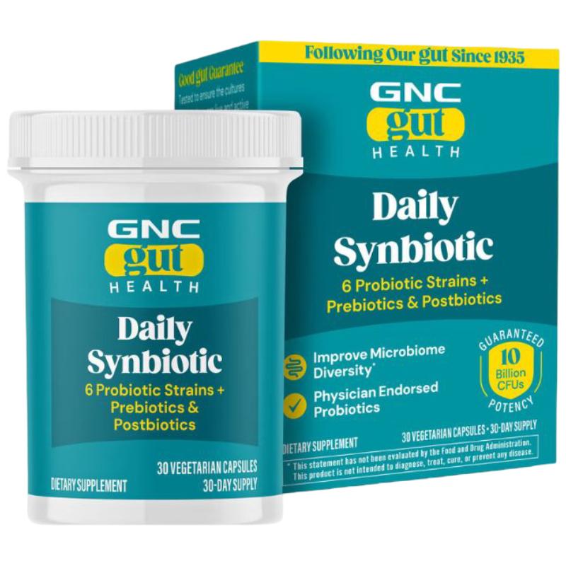Supliment alimentar GNC Gut Health Daily Synbiotic, formula studiata clinic, 10 miliarde UFC culturi vii, pentru digestie si microbiom cu probiotice si prebiotice, 30 cps