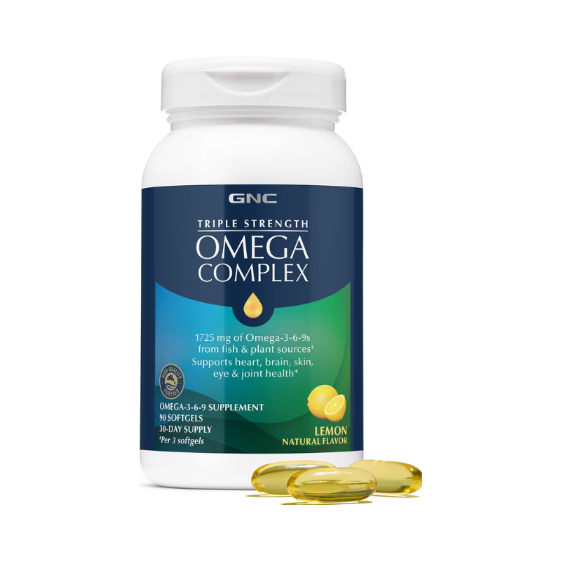 Acizi grasi GNC Triple Strength Omega Complex, Omega-3-6-9 Pentru Sustinerea Sanatatii Cardiovasculare, Cognitive Si Articulare, 90 Cps