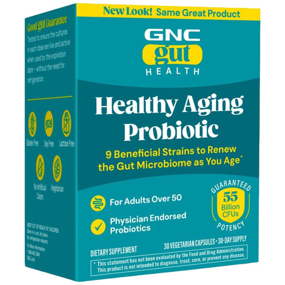 Supliment alimentar GNC Gut Health Healthy Aging Probiotic For Adult Over 50, Probiotic studiat clinic, 55 Miliarde UFC Culturi Vii, pentru digestie, microbiom si longevitate, destinat adultilor peste 50 de ani, 30 cps