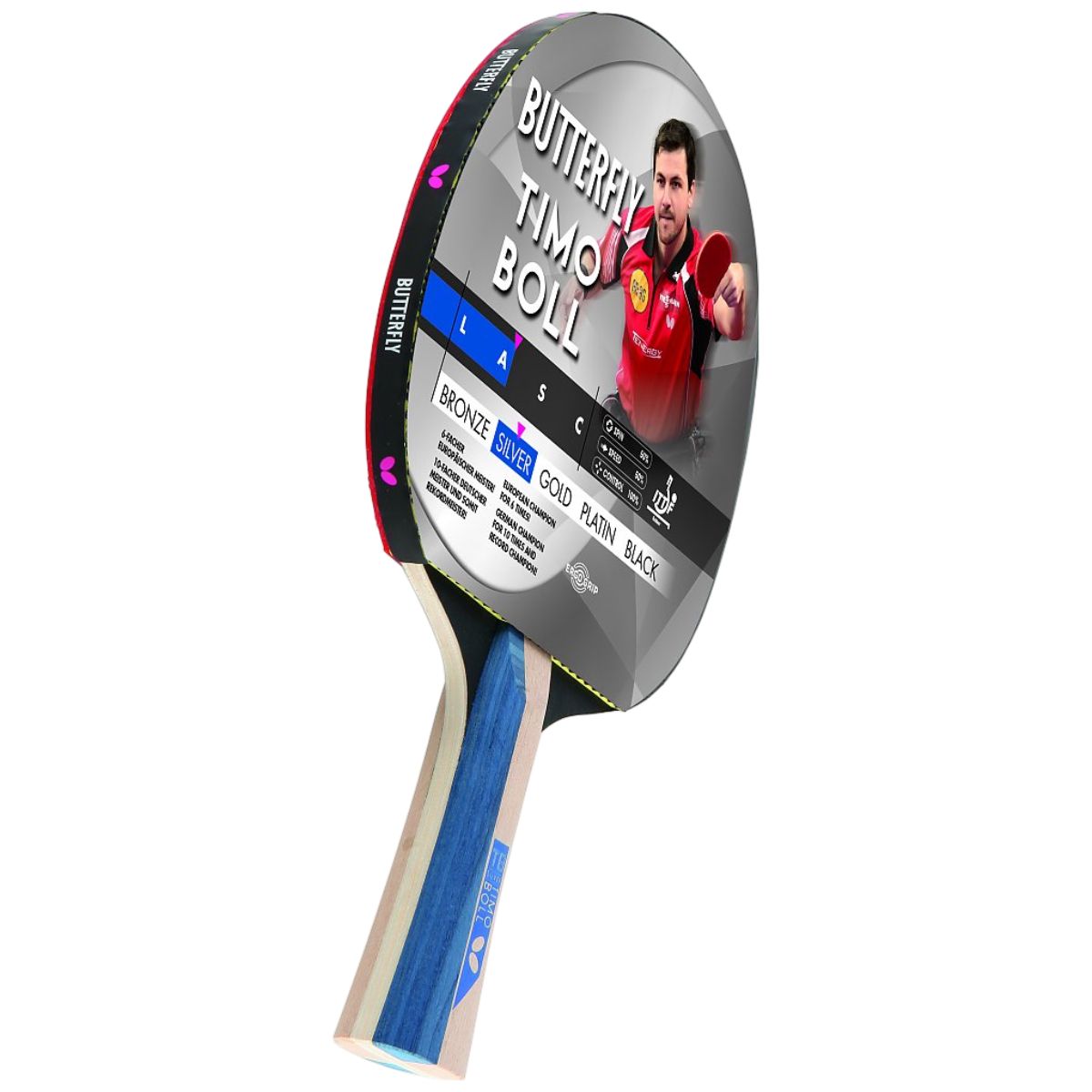 Paleta tenis de masa Butterfly Timo Boll Silver, maner anatomic