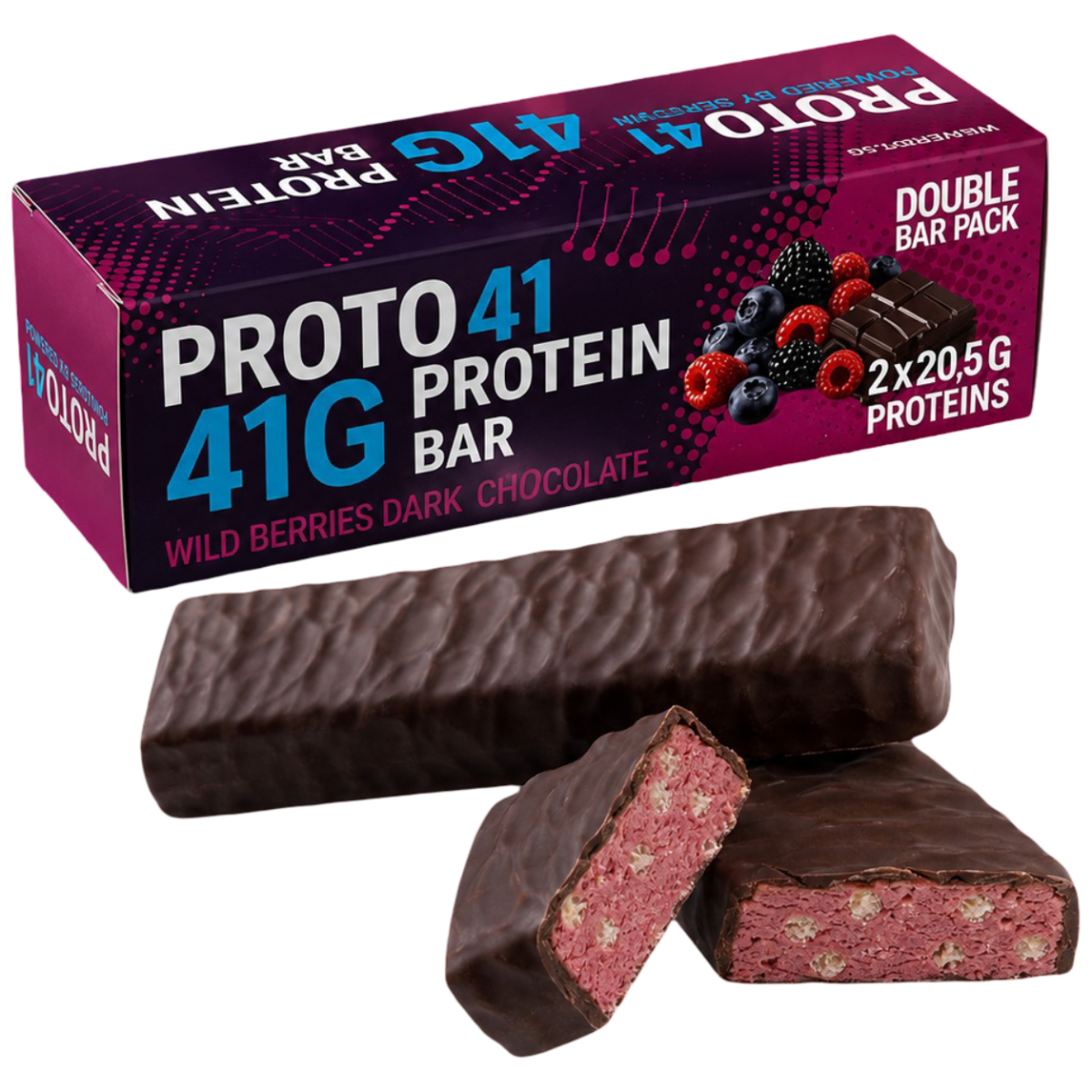 Baton proteic Proto41g Dual Pack Aroma de Fructe de padure si Ciocolata neagra, 114g