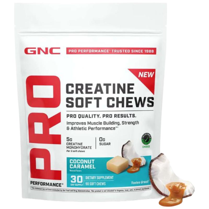 Creatina monohidrata GNC Pro Performance Creatine Monohydrate Soft Chews, cu aroma de cocos si caramel, 90 caramele