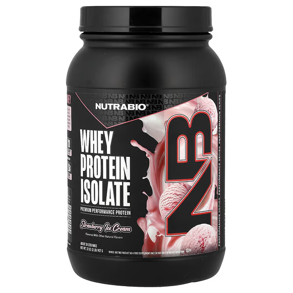 Izolat Proteic din Zer cu Aroma de Inghetata cu Capsuni Nutrabio 100% Whey Protein Isolate 907 G