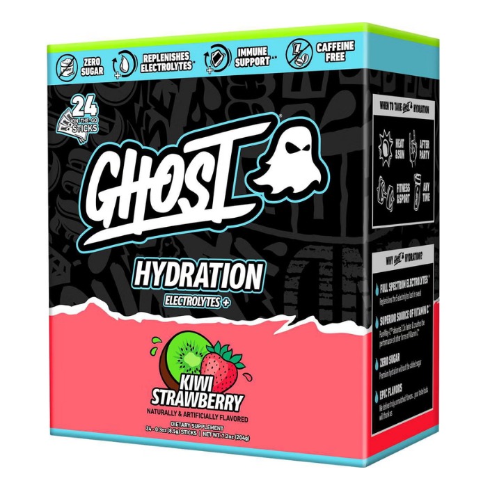 Electroliti cu aroma de capsuni si kiwi Ghost Hydration Sticks, 24 de plicuri 204 Gr
