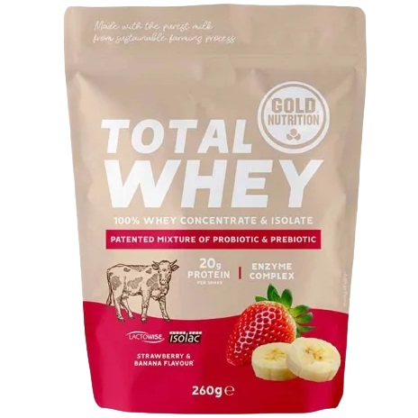Pudra proteica Gold Nutrition Total Whey Aroma de Capsuni si Banane, 260g