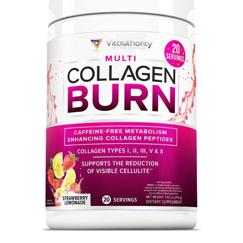 Formula pentru reducerea celulitei si arderea grasimilor cu aroma de limonada de capsuni Vitauthority Multi Collagen Burn, caffeine-free Metabolism Enhancing Collagen Peptides 216 Gr