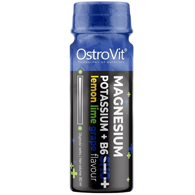 Shot Magneziu lichid OstroVit cu potasiu + B6 Aroma de Lamaie cu Lime si Struguri, 80ml