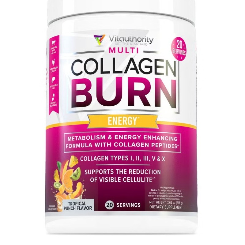 Formula pentru reducerea celulitei si arderea grasimilor cu aroma de fructe tropicale Vitauthority Multi Collagen Burn Energy, 216 Gr