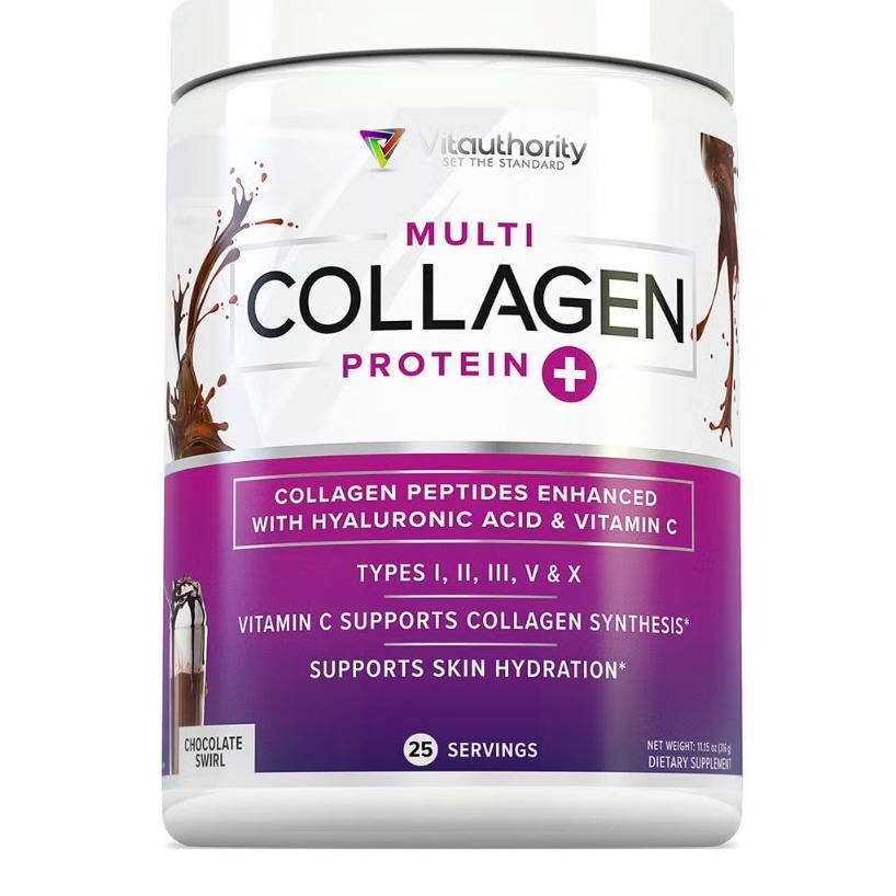 Colagen cu peptide imbunatatite cu acid hialuronic si Vitamina C cu aroma de ciocolata Vitauthority Multi Collagen Protein Plus, 316 Gr