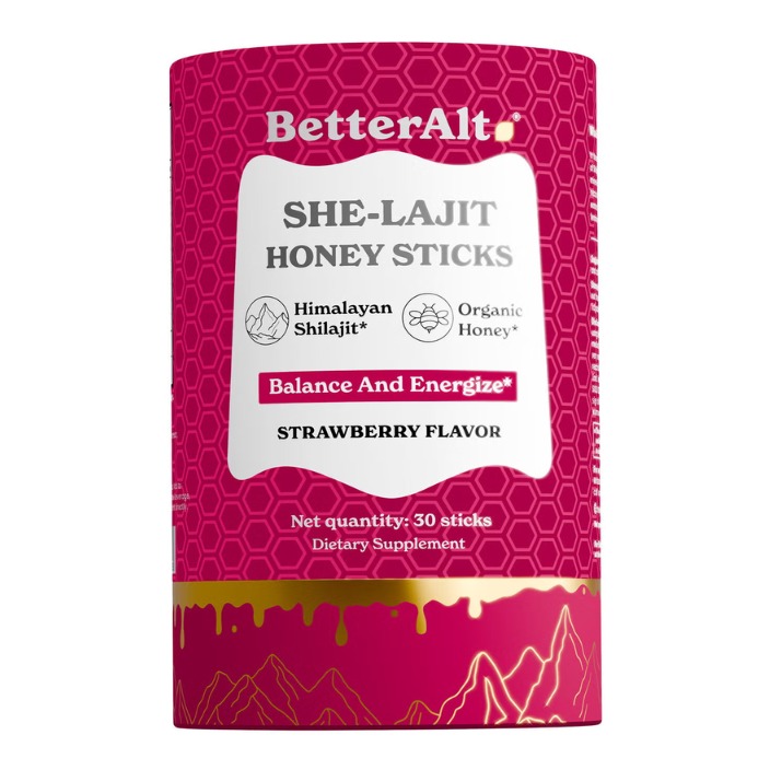 Pliculete de shilajit din himalaya si extract de shatavari cu aroma de capsuni Better Alt She-lajit Honey Sticks, 30 pliculete