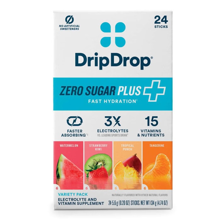 Electroliti fara zahar cu absorbtie rapida cu diferite arome Dripdrop Zero Sugar Plus+ Electrolyte Drink Mix, Variety Pack 134 Gr