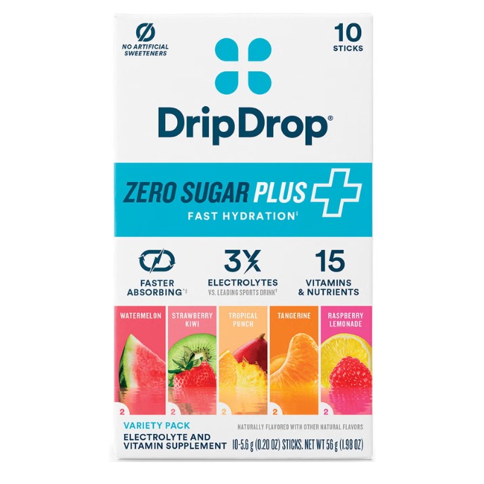 10 x 5.6 g Dripdrop Zero Sugar Plus+ Electrolyte Drink Mix, Variety Pack Flavors, Hidratare Avansata Fara Zahar, Cu Electroliti Si 15 Vitamine