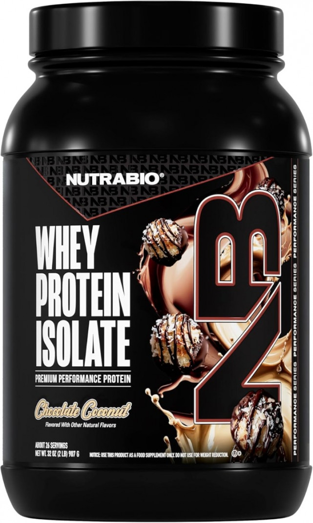 Izolat de Proteina din Zer cu Aroma de Macarons in Ciocolata si Fulgi de Cocos Nutrabio Whey Protein Isolate Chocolate Dipped Macaroon With Real Coconut Flakes 907 G