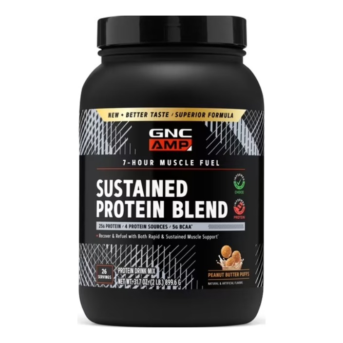 Cu aroma de pufuleti cu unt de arahide GNC Amp Sustained Protein Blend, Amestec Proteic 899.6 Gr