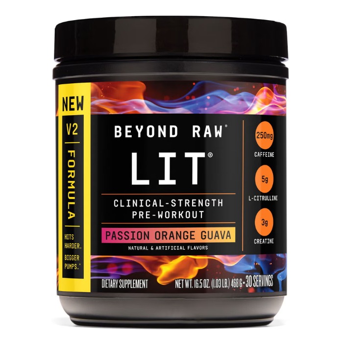 Pre-workout cu aroma de passion orange guava GNC Beyond Raw Lit V2 Pre-workout With Passion Orange Guava Flavor, 468 Gr