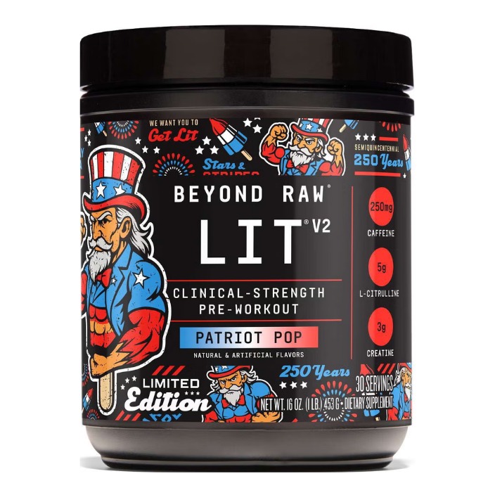 Editie limitata pre-workout cu aroma de patriot pop Beyond Raw Lit V2 Limited Edition Pre-workout With Patriot Pop Flavor, 453 Gr