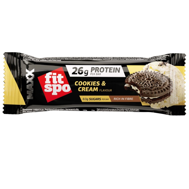 Baton proteic FitSpo Maxx 26g Protein Aroma de Biscuiti si frisca, 75g