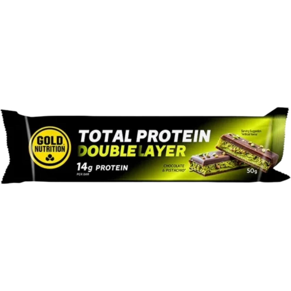 Baton proteic GoldNutrition Total Protein Double Layer aroma ciocolata si fistic, 50g