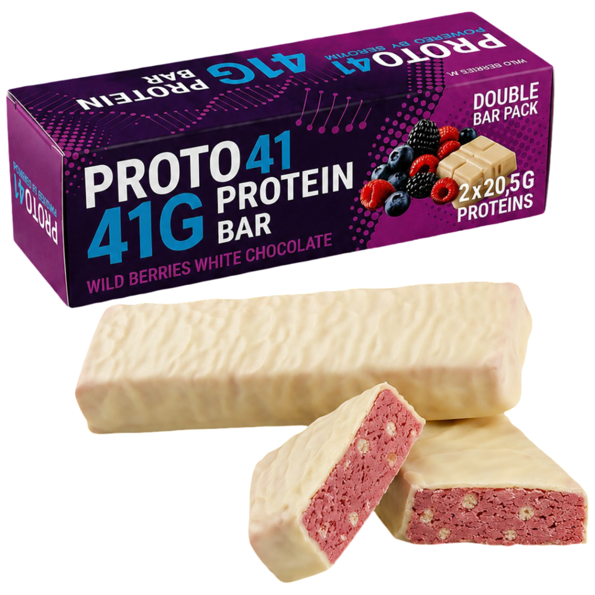 Baton proteic Proto41g Dual Pack Aroma de Fructe de padure si Ciocolata alba, 114g