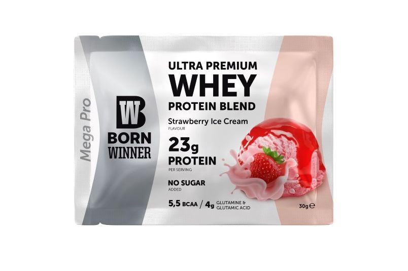 Pudra proteica Born Winner Mega Pro 69% Aroma Capsuni, 30g