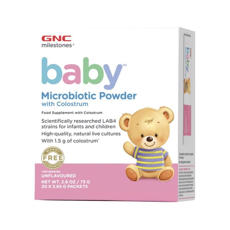 Probiotic pudra GNC Milestones Baby Microbiotic Lab4B Studiat Clinic Cu Colostru, Fara Aroma, 20 Pliculete