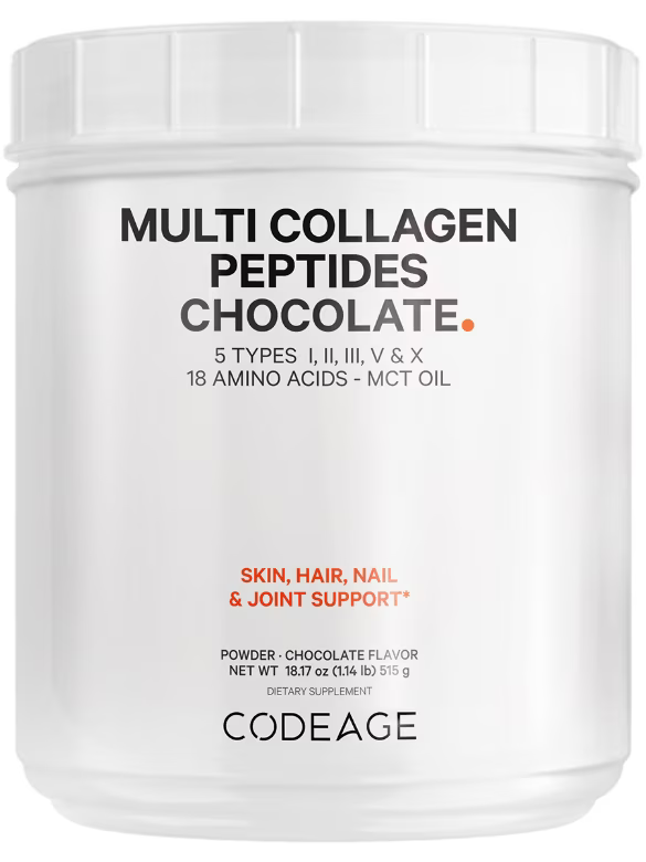 Colagen Hidrolizat din 5 Surse sub Forma de Peptide + Mct Oil Codeage Hydrolyzed Multi Collagen - 5 Types Collagen Peptides + Mct Oil cu Aroma de Ciocolata 515 G