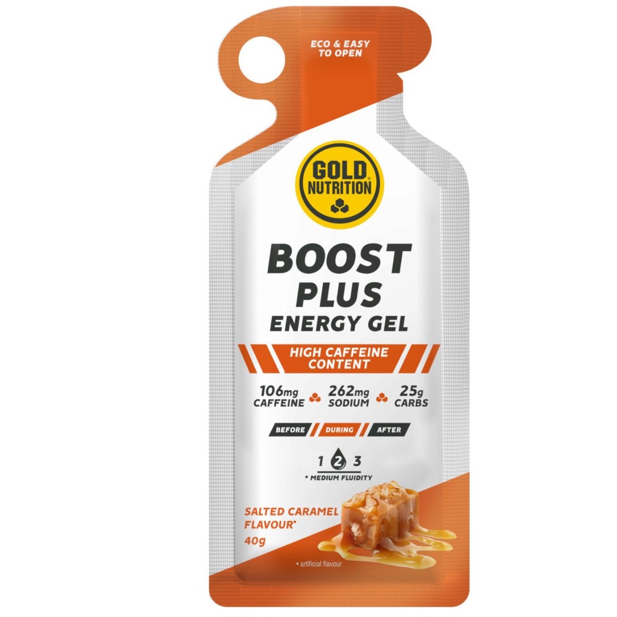 Gel energizant Gold Nutrition Boost Plus Aroma de Caramel sarat, 40g