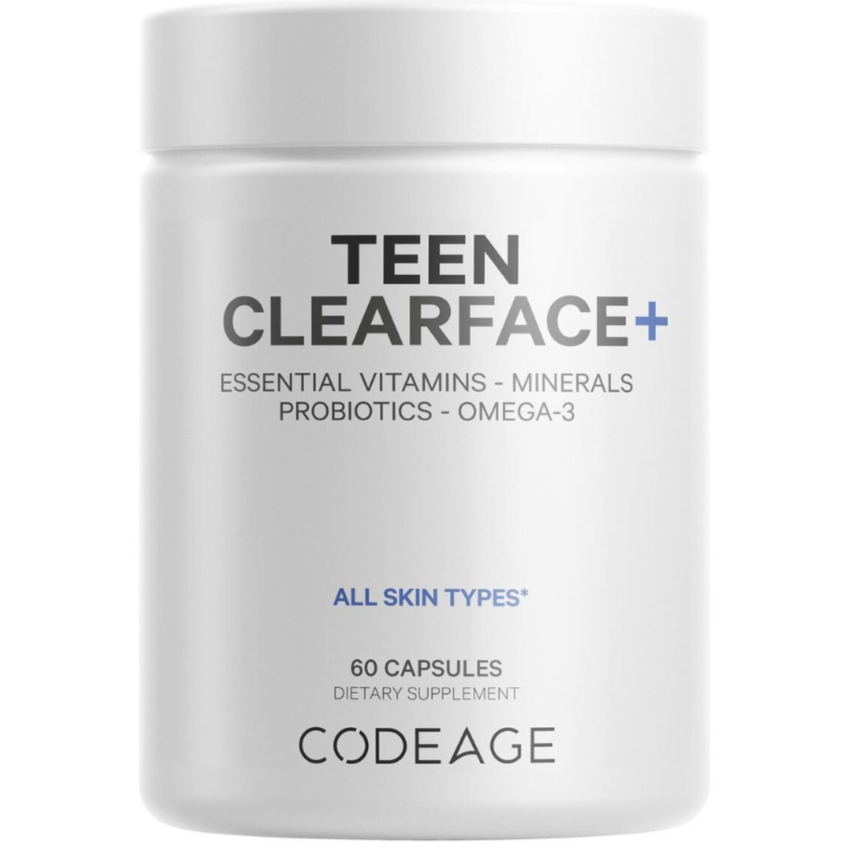 Codeage Teen Clearface Daily Multivitamin & Minerals, Complex de Multivitamine pentru Adolescenti pentru Ten Sanatos, 60 cps